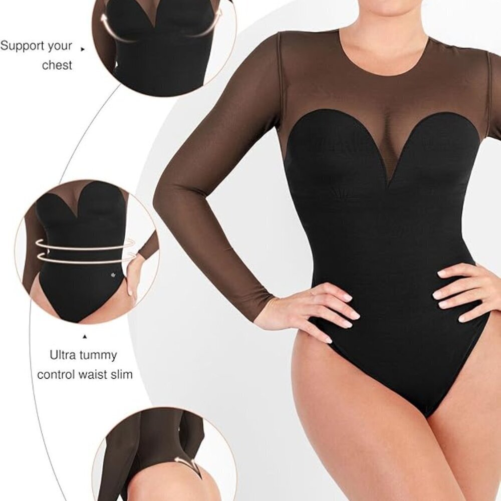 Popilush Long Sleeve Body Suits Womens Tummy Control Mesh Shapewear Corset